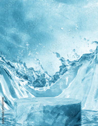 Glass crystal podium with water splash, product presentation