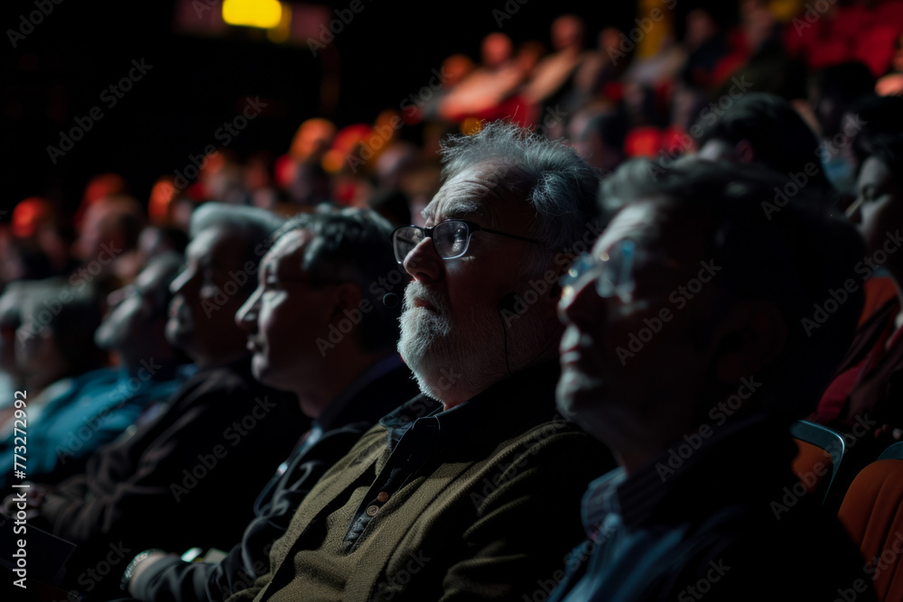 An audience in the dark, focused on a luminous screen