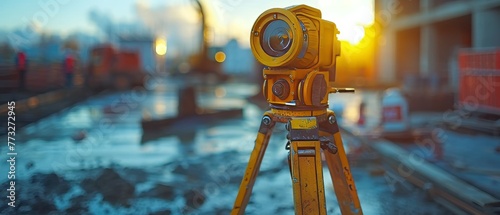 Theodolite transit equipment used by a surveyor when surveying a construction site outdoors photo