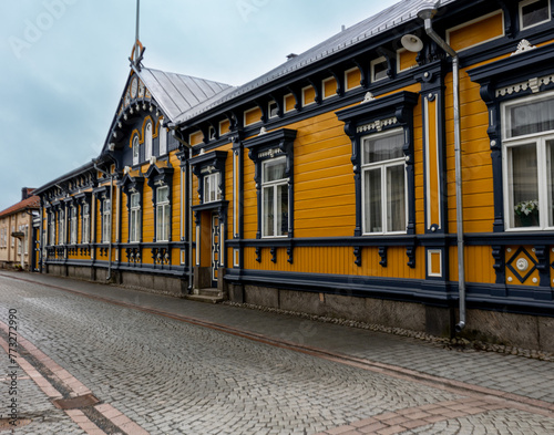 Rauma, Finland -  main street of old town wooden buildings district.