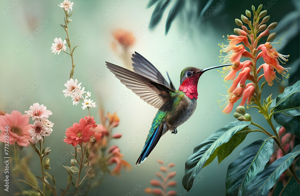 Fototapeta premium beautiful colorful hummingbird flying under orange flower. close up. Digital artwork. Ai generated
