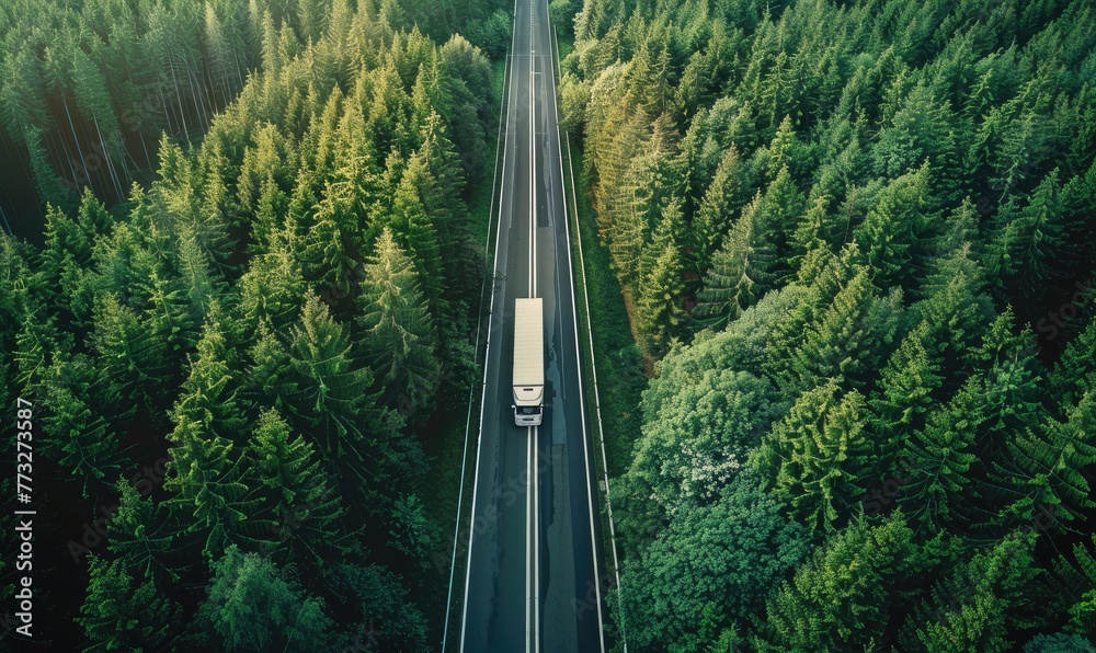 Obraz premium A white truck cruising along a road slicing through a stunning, lush green forest, depicting transportation.