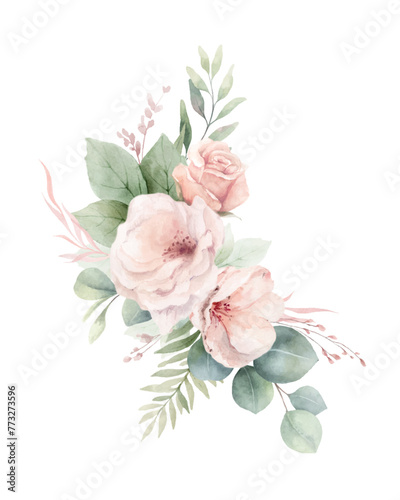 Dusty pink roses flowers and eucalyptus leaves. Watercolor vector floral bouquet. Foliage arrangement for wedding invitations, greetings, fashion, decoration. Hand painted illustration.