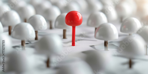A group of white push pins with one red pin in the middle.  photo