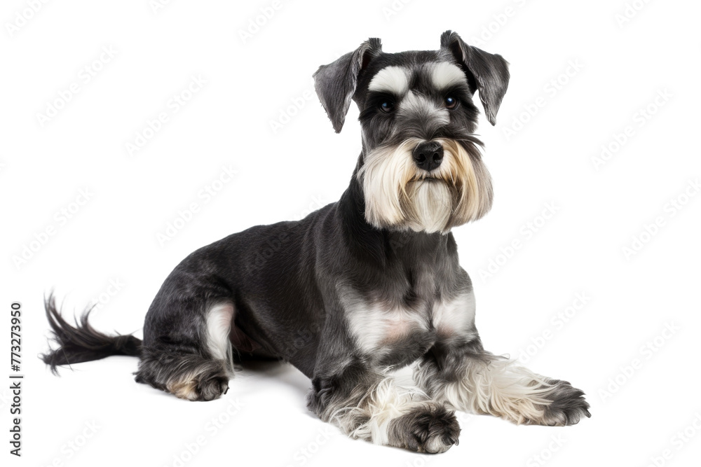 Miniature schnauzer dog laying down isolated on transparent background