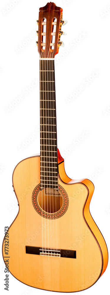 Obraz premium Classical Spanish flamenco guitar close up, dramatically lit isolated on white background with copy space.