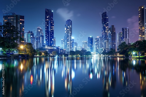 Serene city skyline reflection on water