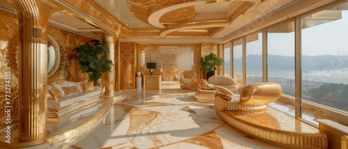 A deluxe golden penthouse studio, with panoramic views, gold-veined marble surfaces, and designer golden decor, epitomizing the height of luxury living.