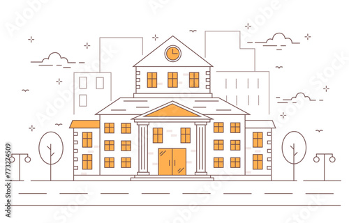 Back to school. School building. Linear vector illustration. Vector illustration isolated on white background.