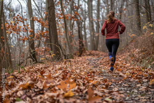 A woman jogs on a wooded trail covered with fallen leaves