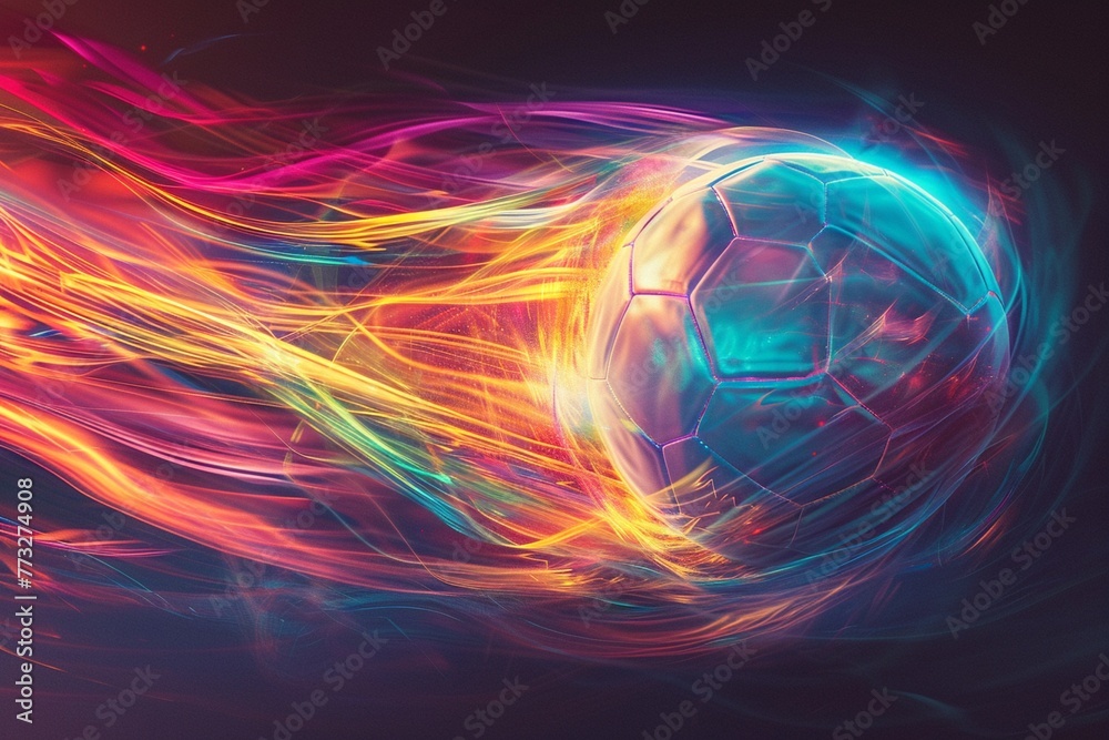 Obraz premium Ball with colorful trails, against dark sleek background, angled shot, highlighting motion and sport