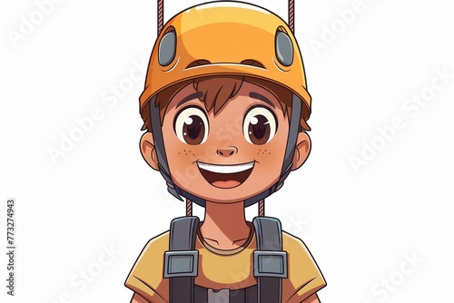 Cartoon climber with a big smile, safety helmet, white background, front view