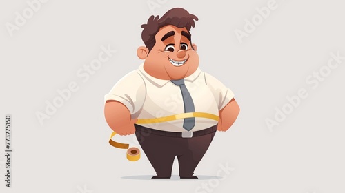 Chubby businessman with tape, happy face, cute illustration, threequarter view, white shirt, white backdrop photo