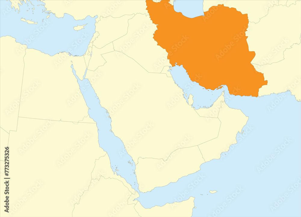 Orange detailed blank political map of IRAN with black national country borders on beige continent background and blue sea surfaces using orthographic projection of the Middle East