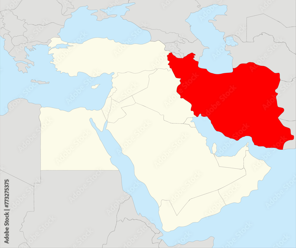 Red simple blank political map of IRAN with black national country borders on gray  continent background and blue sea surfaces using orthographic projection of the highlighted beige Middle East