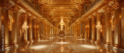 A majestic golden hall, with towering gold columns, ornamental gold mirrors, and a grand golden staircase leading to a luxurious space.