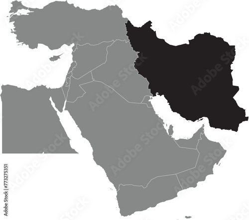 Black detailed blank political map of IRAN with white national country borders on transparent background using orthographic projection of the gray Middle East