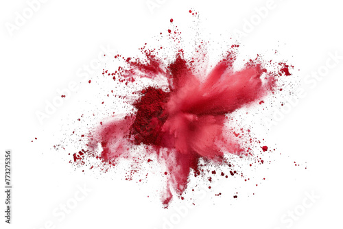 Red color powder explosion splash with freeze isolated on background, abstract splatter of colored dust powder.