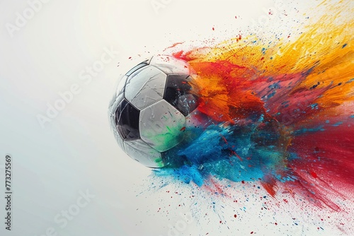 Hyperreal soccer ball emerging from color explosion, white space, diagonal angle for dynamic feel photo
