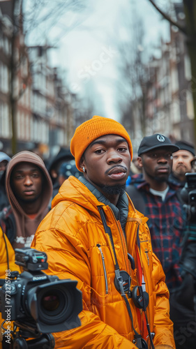 a group of rappers videoshoot in front of a camera in the streets generative ai photo