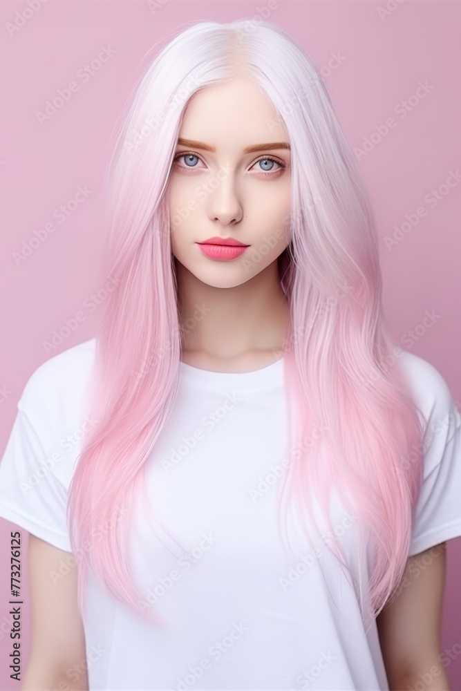 Stylish young woman with pink and white hair in white blank t-shirt on pink background. Mockup