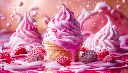 Berry Ice cream with swirling cream,pink milk splash, surrounded by fresh berries.Ideal for vibrant dessert advertising or culinary art projects