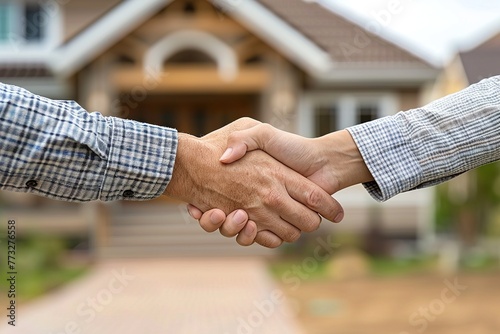 Finalize of a deal. Closeup of hands shaking on a blurred background with a new house
