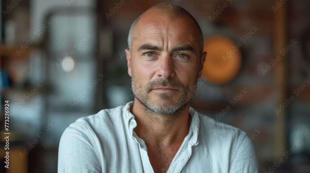   A man in a white shirt, bald head, seriously gazes into the camera - obrazy, fototapety, plakaty 