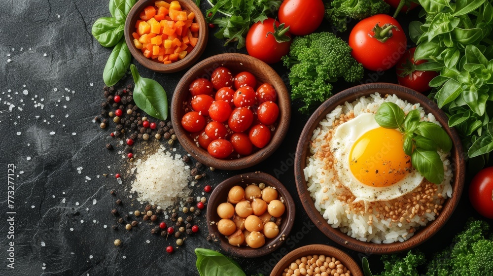 rice topped with a fried egg, tomatoes, broccoli, beans, and spinach rice topped with a fried egg, tomatoes, broccoli, beans, and spinach