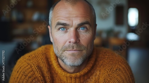  A tight shot of an individual wearing a sweater, gazing intently into the camera with a grave expression