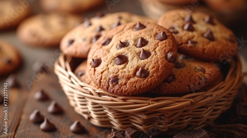  A table holds a basket brimming with chocolate chip cookies and nearby, a pile of identical cookies lies in wait
