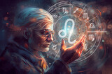 old magician holds the zodiac sign Leo on the background of outer space