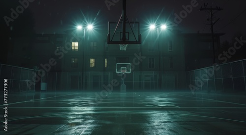   A basketball court at night  featuring a solitary hoop in its center