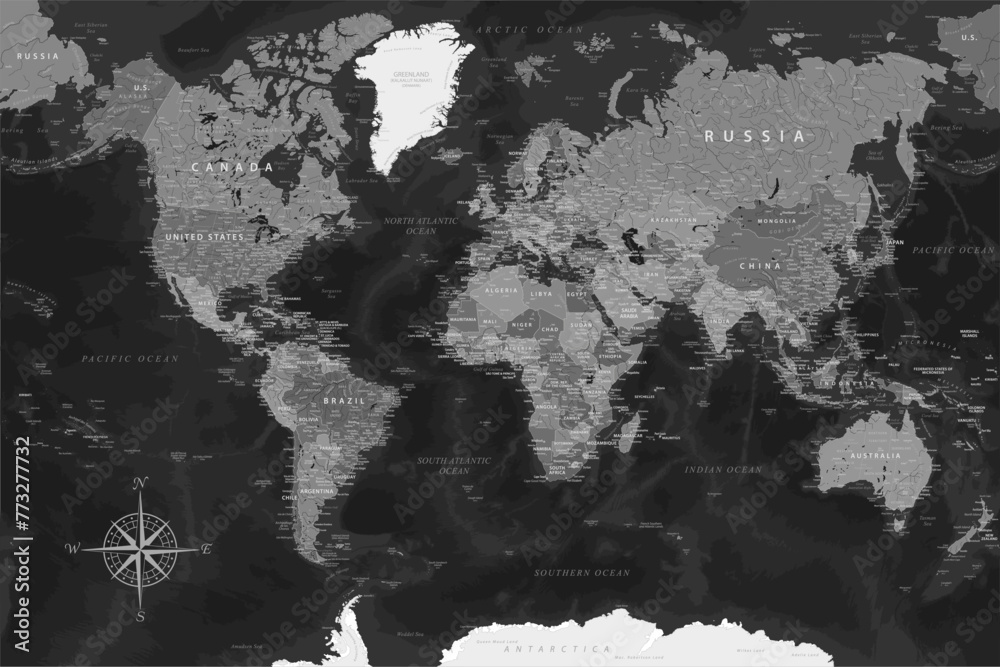 World Map - Highly Detailed Vector Map of the World. Ideally for the Print Posters. Black Gray Colors. With Relief and Depth - obrazy, fototapety, plakaty 