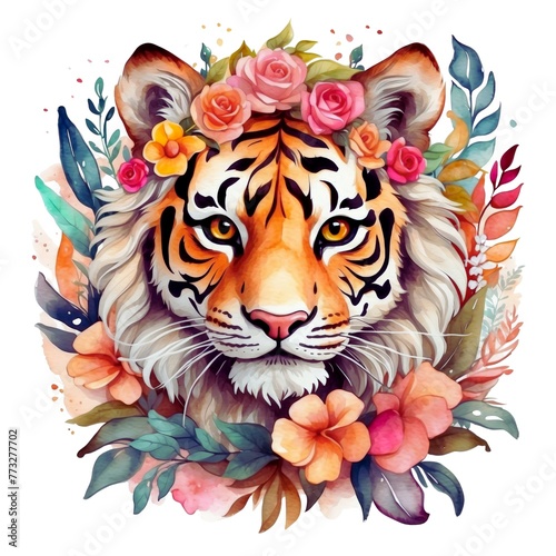 Watercolor illustration portrait of a cute adorable tropical wildcat tiger animal with flowers on isolated white background.  