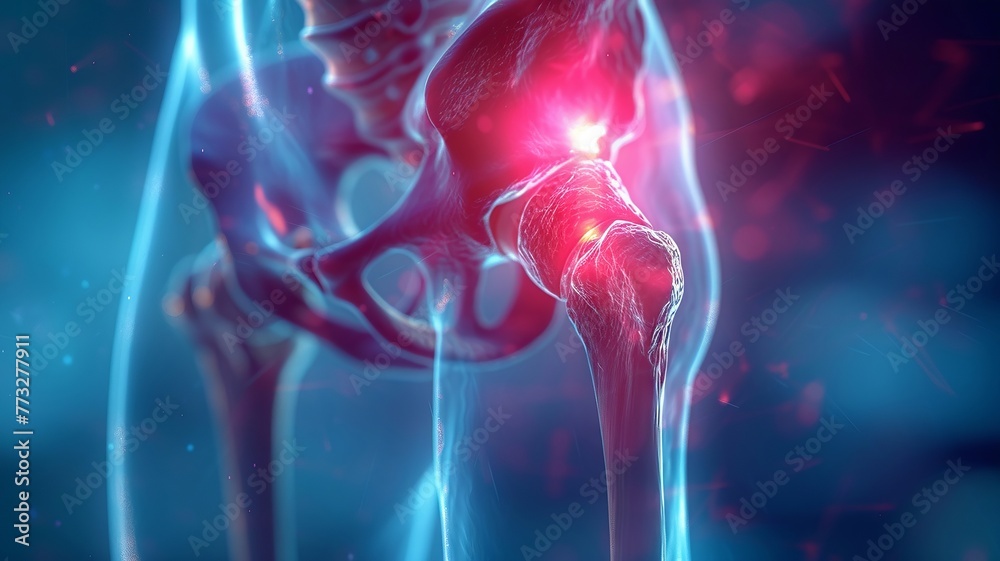 Medical concept with focus on hip pain radiating red against a blue background - obrazy, fototapety, plakaty 