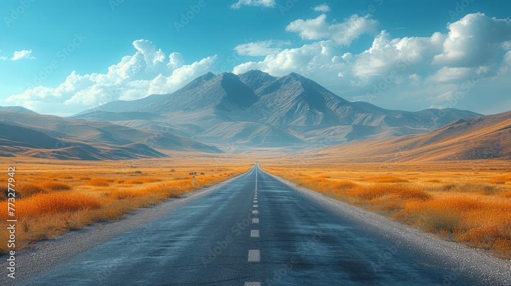   A desert road with a mountain range backdrop and a blue sky dotted with clouds