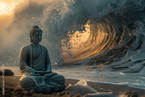 A statue of Buddha is sitting on a rock near the ocean. The statue is surrounded by water and the waves are crashing in the background. Concept of peace and tranquility. Generative AI