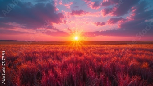   A sunset over a wheat field with the sun positioned between clouds, casting light rays © Mikus