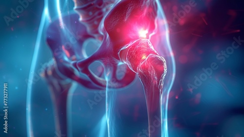 Medical concept with focus on hip pain radiating red against a blue background photo