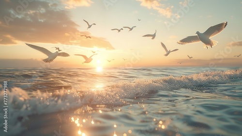 Serene seascape hosts a symphony of seagulls in harmonious mid-flight