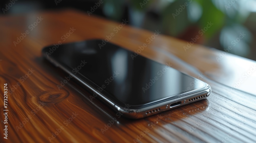   A tight shot of a cell phone on a weathered wooden table A potted plant is visible in the background