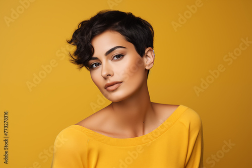 Studio portrait of beautiful brunette woman with short hairstyle on colour background photo