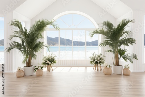 Seaside beauty. Window overlooking ocean  beach  and mountains. Perfect copy space