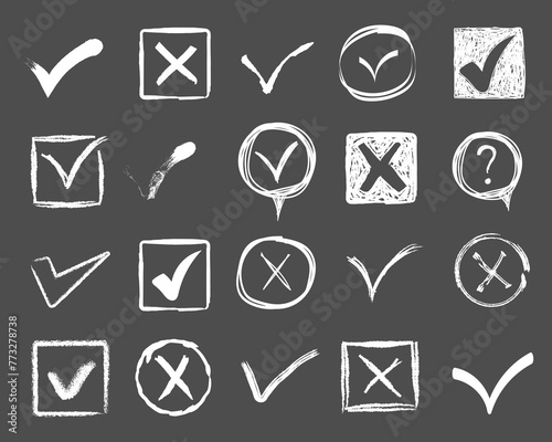 Check signs sketch, voting agree checklist mark or examination task list. Doodle check marks. Hand drawn tick V X yes no ok sign. Checkbox chalk icon, sketch checkmark. Vector illustration