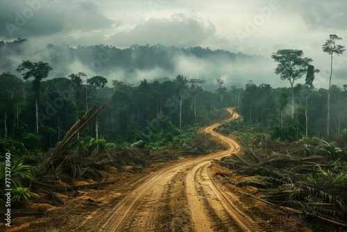 A dirt road stretches through a jungle area that has been affected by deforestation and clearcutting activities. The road shows signs of human impact on the environment