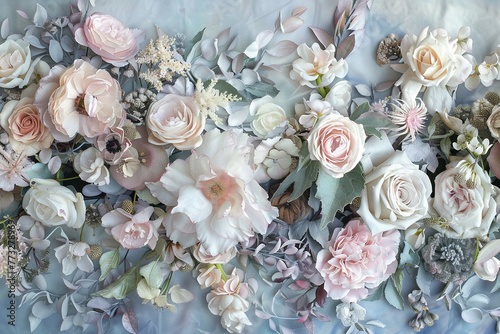 Soft-toned floral tableau, with a variety of blossoms and leaves intricately designed to reflect nature's pastel palette.