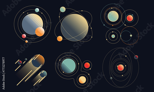 Retro futuristic cosmic illustration. Planet system flat elements. Good for retro posters, flyers, interfaces. Vector Illustration. EPS10
