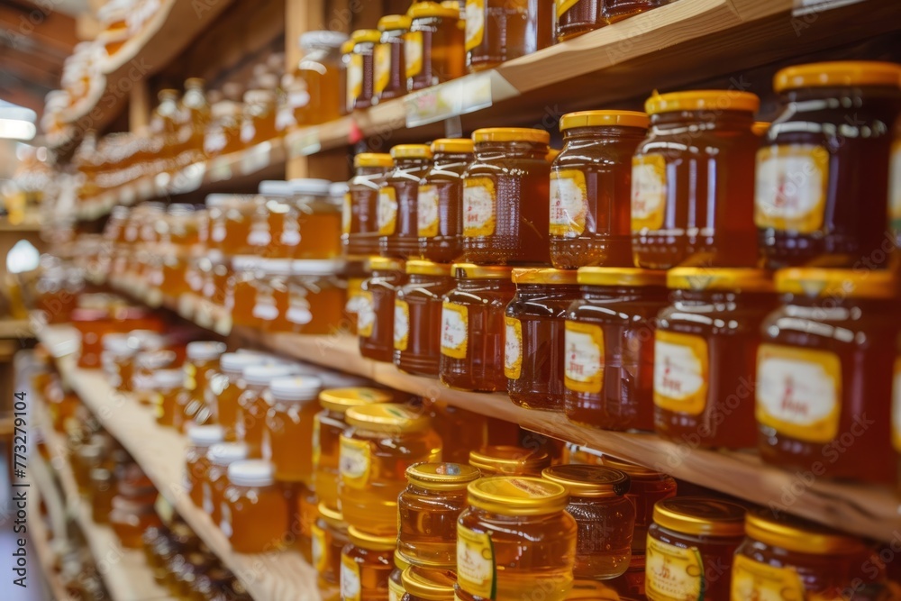A store filled with various jars of honey, stacked neatly on shelves, creating a diverse and colorful display of honey products