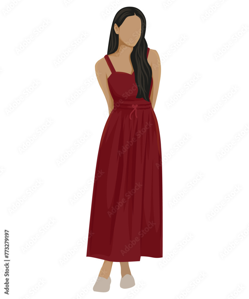 Woman in red dress vector illustration. Spring outfit woman faceless full vector illustration